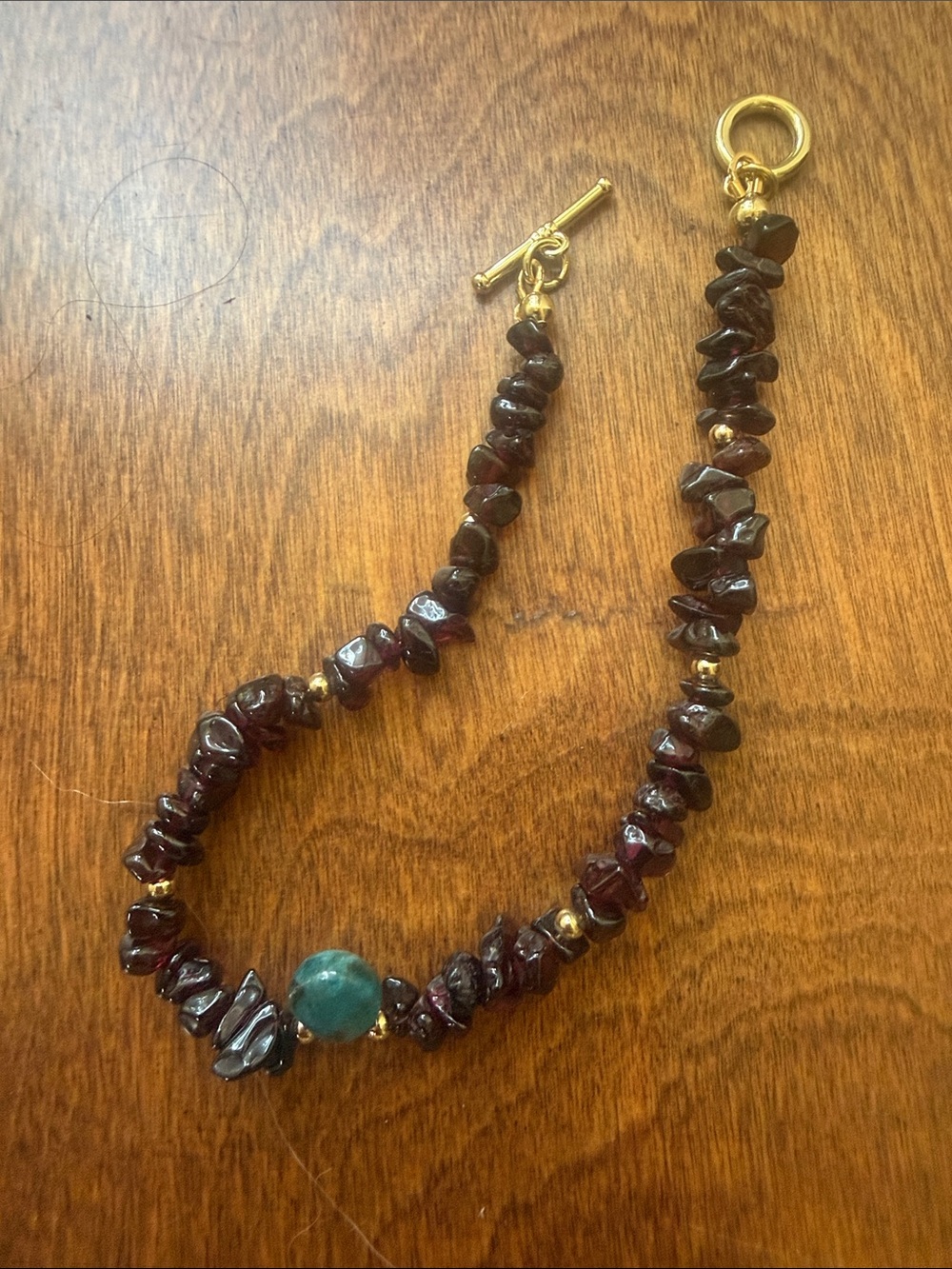 Handcrafted Garnet Bracelet or Anklet with Turquoise Accent Bead - 8.5”